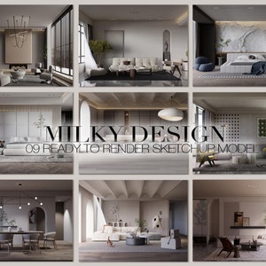 以下が含まれることがあります： モダンな家のさまざまな部屋を紹介する、9つのインテリアデザインレンダリングのコレクションです。部屋には、リビングルーム、寝室、ダイニングルーム、キッチンが含まれています。レンダリングは高品質で、リアルなテクスチャと照明が特徴です。