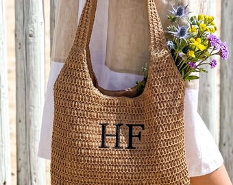 Borsa da spiaggia in paglia personalizzata, borse tote ricamate con nastro, borsa per bomboniere damigella d'onore, borsa per vacanze estive