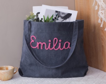 Personalized Embroidered Corduroy Tote Bag, Custom Name Tote Bag, Monogram Bag,Travel Tote Bag,Bridesmaid Gift Bag,Gift for Her