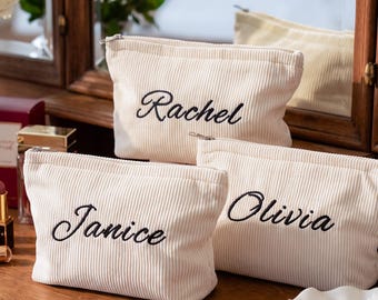 Pochette per il trucco personalizzata in velluto a coste, trousse cosmetica ricamata, regalo per damigella d'onore, regalo per la festa di matrimonio per lei