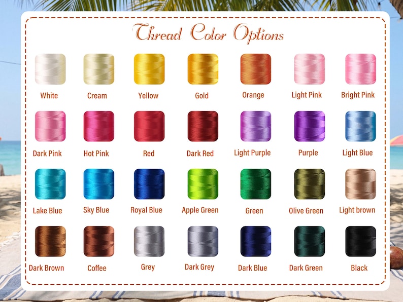 Pu&ograve; includere: Una tabella colori intitolata "Thread Color Options" mostra una variet&agrave; di colori del filo. La tabella include sfumature di bianco, giallo, arancione, rosa, rosso, viola, blu, verde, marrone e nero. Ogni colore &egrave; etichettato con il suo nome.