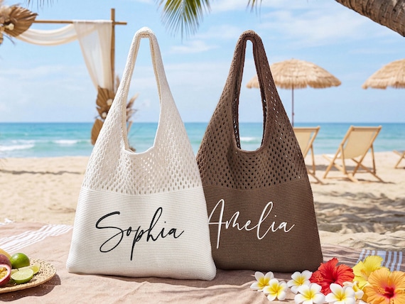 Personalized Knitted Beach Tote Bag, Boho Hollow Knit,Tote Bag for Women Travel Vacation,Bridesmaid Gift Bag