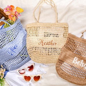 Bachelorette Party Embroidery Beach Bag,Bridesmaid Tote Bag,Personalized Raffia Beach Bag,Custom Party Favor Bag,Trip Beach Bag For Her,