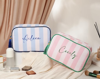 Custom Striped Cosmetic Bag,Personalized Name Makeup Bag,Custom Travel Toiletry Bag,Bachelorette Favors,Bridesmaid Gifts,Gifts for Women