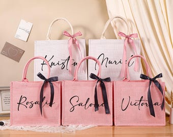 Bridesmaid Gift Bag,Personalized Bridesmaid Burlap Bag,Wedding Gift Bag,Custom Jute Bag with Ribbon,Bachelorette Party Bag,Beach Tote Bag