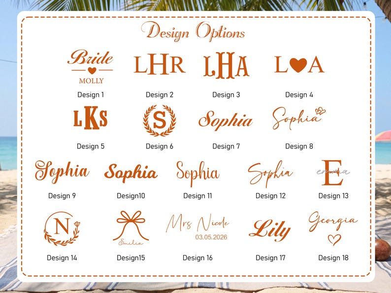 Pu&ograve; includere: Una collezione di opzioni di design in un caldo colore marrone, con vari font e stili. I design includono nomi, iniziali e frasi come "Bride" e "Mrs Nicole 03.05.2026", adatti per articoli personalizzati.