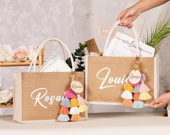 Strandtassen bruidsmeisje, aangepaste jutetassen bruidsmeisje, stranddraagtassen jute monogram, draagtassen bruidsmeisje, draagtassen bruidsmeisje, vrijgezellenfeest, feestcadeautassen
