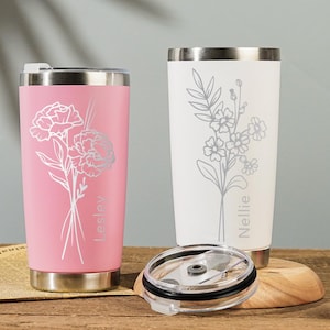 Vaso personalizado con flor de nacimiento, taza de viaje con nombre personalizado, vaso personalizado para dama de honor, taza de café de acero inoxidable, vaso grabado con láser