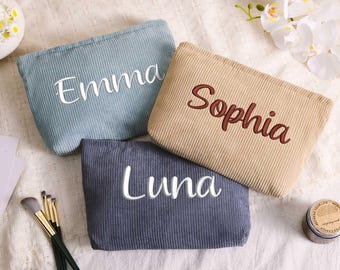 Trousse de maquillage personnalisée en velours côtelé, trousse de maquillage de demoiselle d'honneur, trousse de maquillage monogrammée, trousse de maquillage brodée, cadeau de demoiselle d'honneur, cadeau pour elle