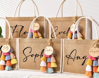 Personalized Bridesmaid Bag With Charm,Bridesmaid Burlap Bag,Jute Monogram Beach Tote Bag,Maid of Honor Tote Bag,Bachelorette Party Gift Bag