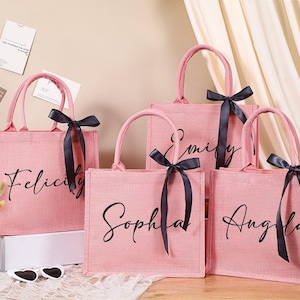 Personalized Bridesmaid Burlap Bag,Bridesmaid Gift Bag,Wedding Gift Bag,Custom Jute Bag with Ribbon,Bachelorette Party Bag,Beach Tote Bag