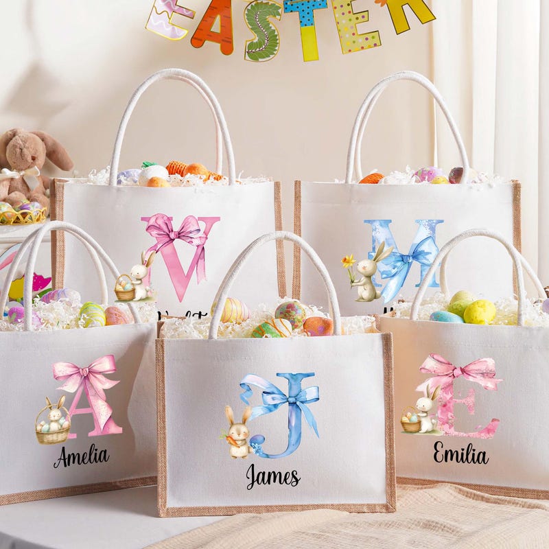 Personalized Easter Bag, Jute Easter Bag, Custom Easter Bunny Bag with Name, Kids Egg Hunt Bags, Easter Gift Bags