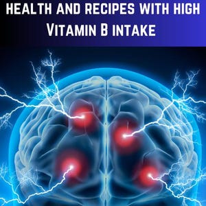 Op de afbeelding: Een blauwe illustratie van een hersenen met rode bliksemschichten, met de tekst "VITAMIN B'S & BRAIN FUNCTION ANSWERS TO YOUR MENTAL HEALTH AND RECIPES WITH HIGH VITAMIN B INTAKE"