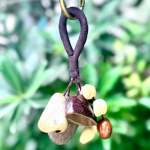 May include: A handmade keychain featuring a dark brown rope loop attached to a brass ring. The keychain has several natural-looking pendants in shades of brown, beige, and cream, with a small, round, brown bead.