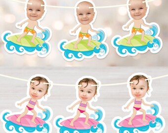 Personalized Surfer Photo Banner, Beach Garland, Surfs Up Big One Birthday Theme, Coastal Summer Party Decor