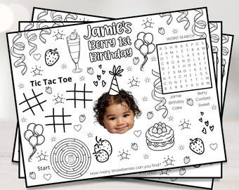Strawberry Birthday Coloring Placemat | Berry Sweet Party Activity Mat | Personalized Printable for Kids