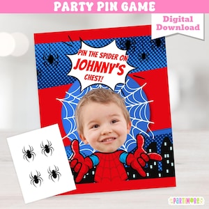 May include: A party pin game with a Spider-Man theme. The game includes a red and blue poster with the text "Pin the Spider on Johnny's Chest!" and a sheet of black spider stickers. A digital download.