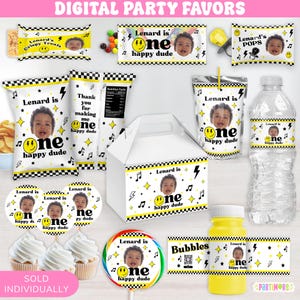 Digital Personalized One Happy Dude Party Favors | 1st Birthday Rock Star Decorations | Retro Happy Face, Cool Dude | SOLD INDIVIDUALLY