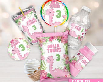 Personalized Dinosaur Party Favors, Girls Dino Birthday, Pink Three Rex Theme, Prehistoric Decorations