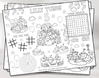 Personalized Farm Animals Coloring Placemat – Digital Birthday Activity Sheet Place Mat