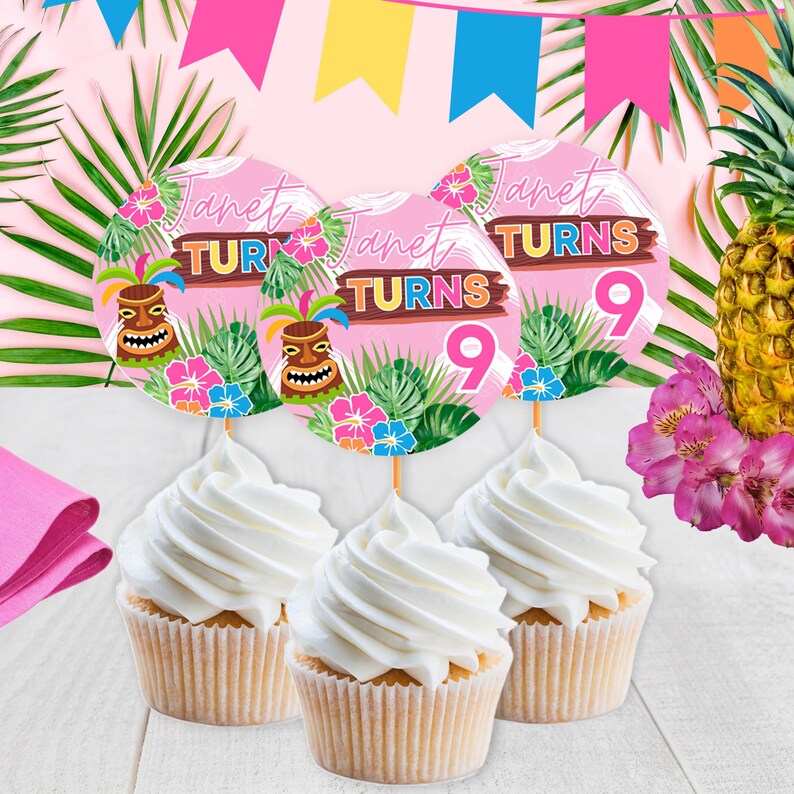 Colorful Hawaiian Luau Cupcake Toppers – Personalized Tropical Birthday Party Picks – Custom Aloha Theme Cake Toppers – Pink Tiki Hut Party Decorations