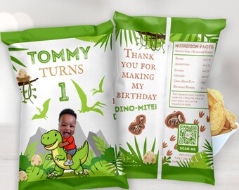 Personalized Dinosaur Chip Bags, Dinosaur Birthday Party Favors, Three-Rex Decorations, Dino-Mite Treat Bags, Custom Snack Bags