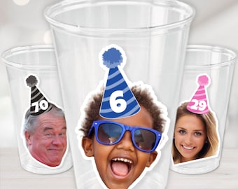 Custom Photo Party Cups – 16 oz Plastic Cup Personalized with Face, Hat And Age for Birthday & Events