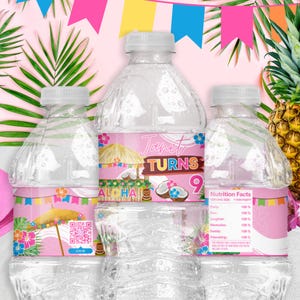 Custom Hawaiian Luau Water Bottle Labels – Personalized Tropical Birthday Party Drink Wrappers – Aloha Theme Bottled Water Stickers – Tiki Hut Decorations