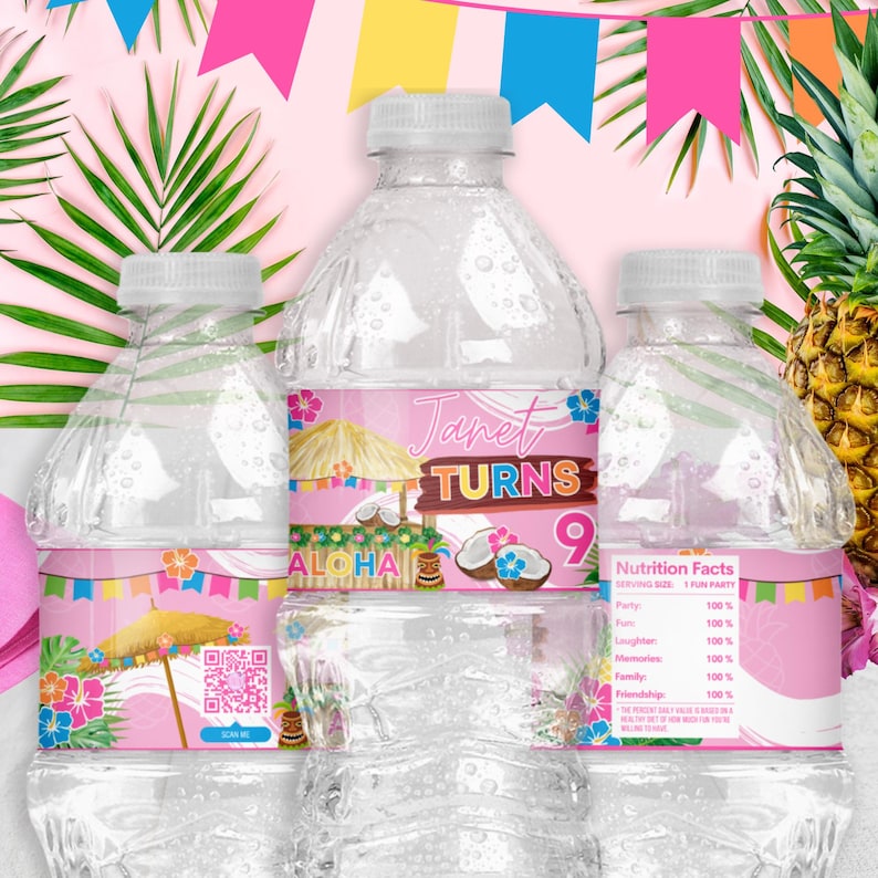 Custom Hawaiian Luau Water Bottle Labels – Personalized Tropical Birthday Party Drink Wrappers – Aloha Theme Bottled Water Stickers – Tiki Hut Decorations
