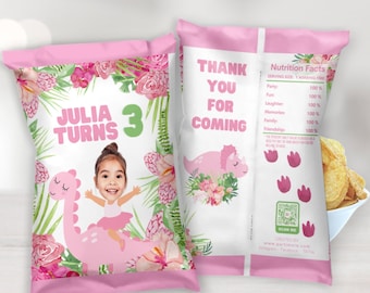 Personalized Pink Dinosaur Chip Bags, Girl Dinosaur Birthday Party Favors, Pink Dino Decorations, Custom Snack Bags, Treat Bags