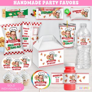 Personalized Pizza Party Favors | Fun Pizza Birthday Decorations | Pizza Cupcake Toppers, Bags, Water Bottle Labels, Stickers, and More