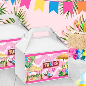 Hawaiian Luau Gable Box Labels – Custom Tropical Party Favor Boxes – Aloha Birthday Treat Box Stickers – Pink Tiki Hut Decorations for Girls’ Birthday Party