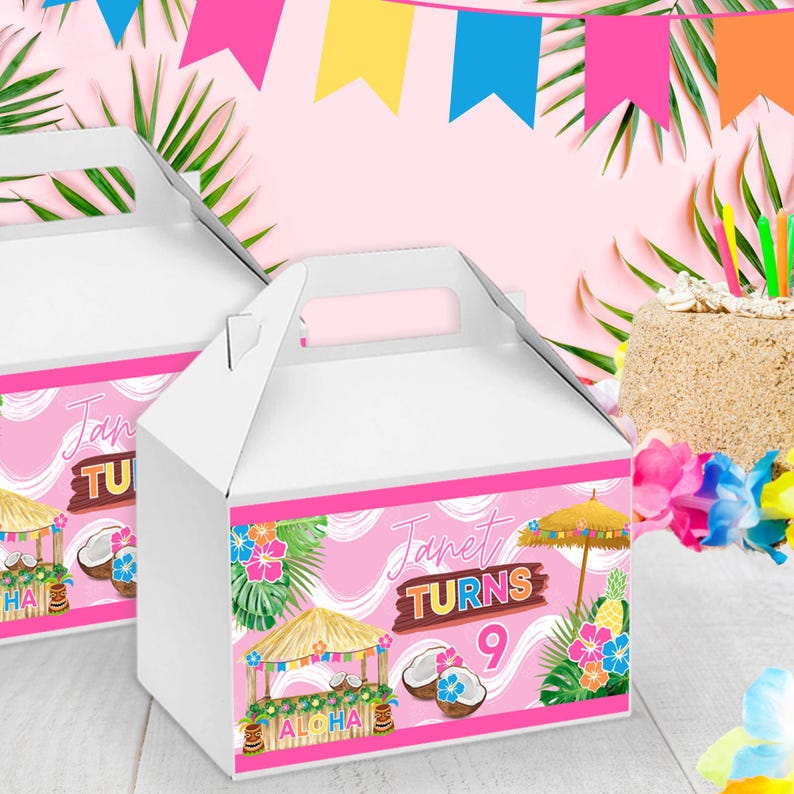 Hawaiian Luau Gable Box Labels – Custom Tropical Party Favor Boxes – Aloha Birthday Treat Box Stickers – Pink Tiki Hut Decorations for Girls’ Birthday Party