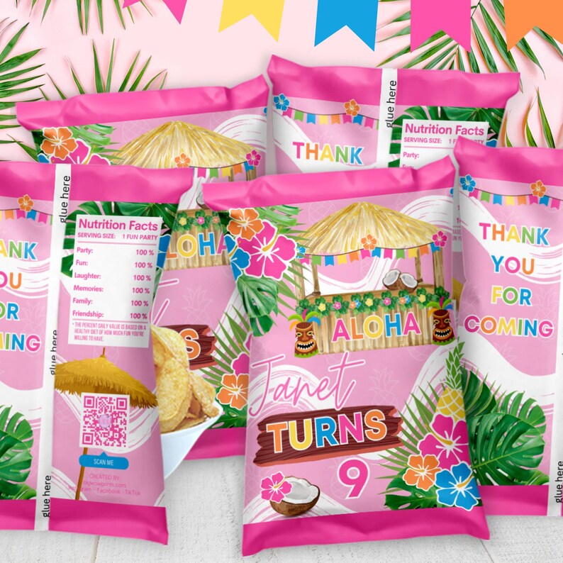 Custom Hawaiian Luau Chip Bag Wrappers – Personalized Tropical Birthday Party Favors – Aloha Theme Snack Bags for Girls’ Birthday – Colorful Tiki Hut Party Supplies
