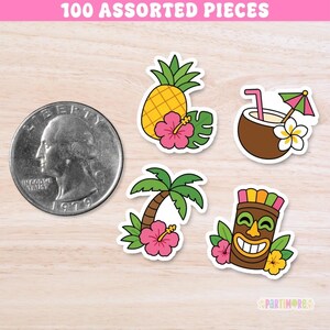 May include: A set of four tropical-themed stickers featuring a pineapple with a hibiscus, a coconut drink with an umbrella, a palm tree with a hibiscus, and a tiki mask with flowers. A US quarter coin is shown for scale next to the stickers.
