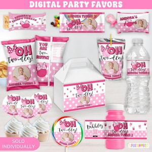 Lembrancinhas de festa Oh Twodles personalizadas digitais | Tema de aniversário com bolinhas rosa | Decorações de festa personalizadas para impressão | VENDIDO INDIVIDUALMENTE