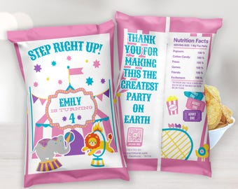 Pink Carnival Chip Bags | Girls Circus Theme Party Favors | Printable Birthday Treat Bag | Personalized Big Top (Digital Download)