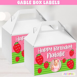May include: Two white gable boxes with pink labels featuring red strawberries and the text "Happy Birthday Natalie". The labels have green stripes and a photo of a baby. The text "GABLE BOX LABELS" is at the top.