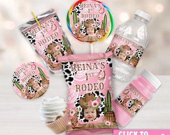 Cowgirl Birthday Party Favors, Personalized My 1st Rodeo Decorations, Pink Western Chip Bags, Labels & Cupcake Toppers