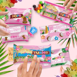 Custom Hawaiian Luau ring candy, Rice Treat, and rainbow candy Wrappers – Personalized Aloha Birthday Party Favors – Pink Tiki Hut Snack Bag Labels