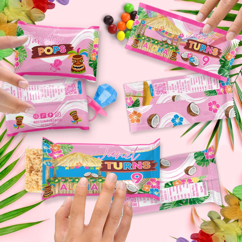 Custom Hawaiian Luau ring candy, Rice Treat, and rainbow candy Wrappers – Personalized Aloha Birthday Party Favors – Pink Tiki Hut Snack Bag Labels