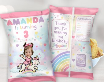 Personalized Unicorn Chip Bags, Unicorn Birthday Party Favors, Magical Birthday Decorations, Rainbow Treat Bags, Custom Snack Bags