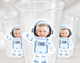Personalized Astronaut Party Cups | Space Birthday Party Supplies | Custom Photo Cutout Cups | Outer Space Kids Party Favors