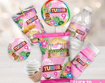 May include: A collection of party favors featuring a tropical theme with pink accents, including a juice pouch, a round lollipop, a water bottle, a circular sticker, a snack bag, and a cupcake, all labeled with Janet Turns 9 and Aloha.