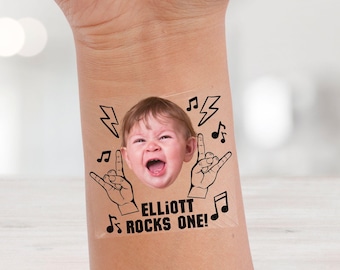Personalized Rock and Roll 1st Birthday Tattoos | Custom Face Temporary Tattoo Party Favors Born Two Rock, First World Tour, Rock Star Theme