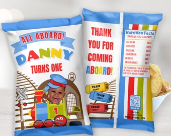 Personalized Train Chip Bags, Train Birthday Party Favors, All Aboard Birthday Decorations, Custom Train Treat Bags