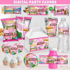 Personalisierte Mädchen Hawaiian Luau Pool Gastgeschenke Und Zubehör | Kokos Ananas Tiki Design | Topper Etiketten Taschen | Digitaler Download