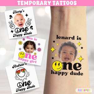 Personalized One Happy Dude Temporary Tattoos | Custom Face Tattoos | 1st Birthday Decorations