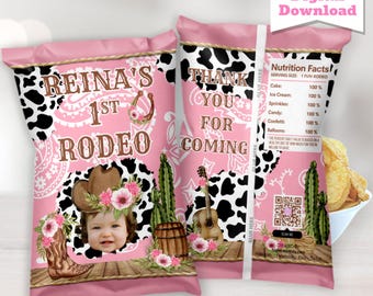 Cowgirl Rodeo Chips Bags | Cadeaux d'anniversaire roses roses | Thème du 1er rodéo, Nashville ou Yee Haw | Téléchargement numérique