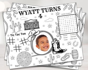 Napperon d'anniversaire à colorier Western Rodeo | Feuille d'activités pour la fête des cow-boys | Imprimable personnalisée pour les enfants